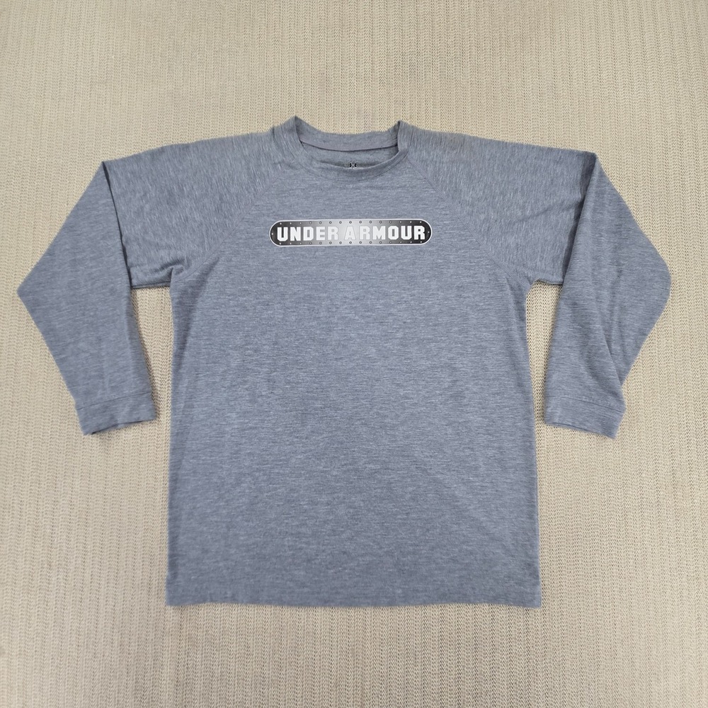 Under Armour Shirt Youth Large Gray Spellout Logo Graphic Long Sleeve Tee